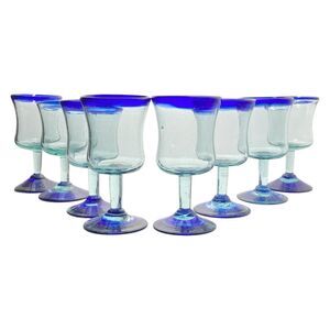 Set of 8 Handblown Cobalt Rim & Foot Wine or Water Glasses 6” 8oz